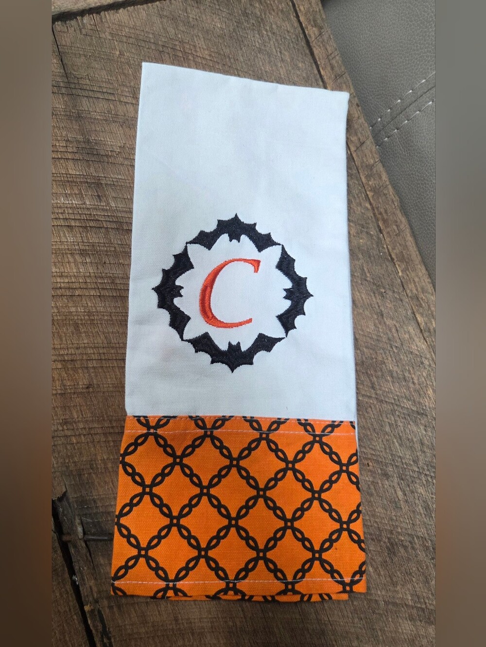 Personalized Halloween Bat White and Orange Monogrammed "C" Hand Towel - B1P